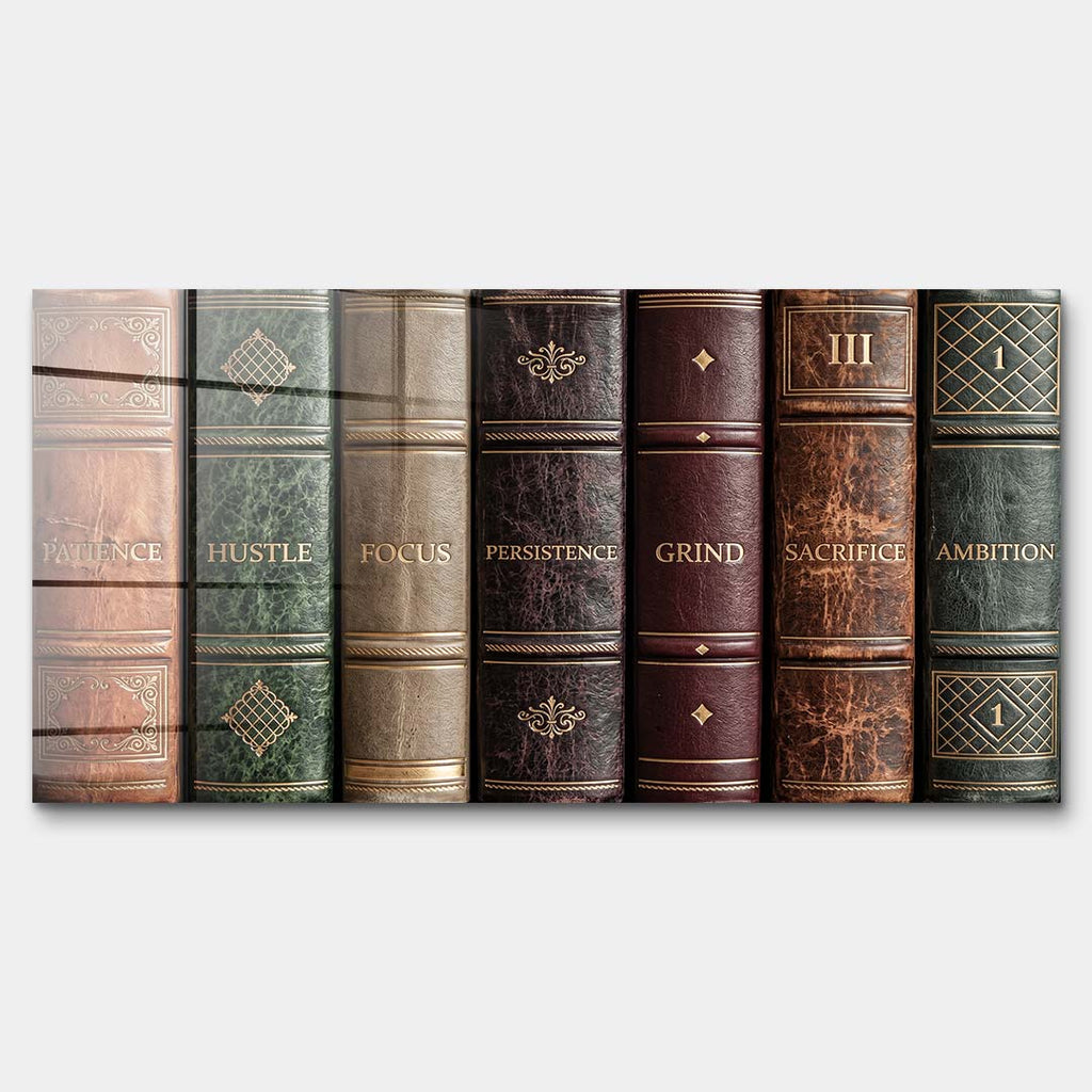 Motywacyjny obraz na szkle akrylowym Books Of Life przedstawiający grzbiety retro książek z hasłami sukcesu, elegancki wydruk galeryjny do biura.