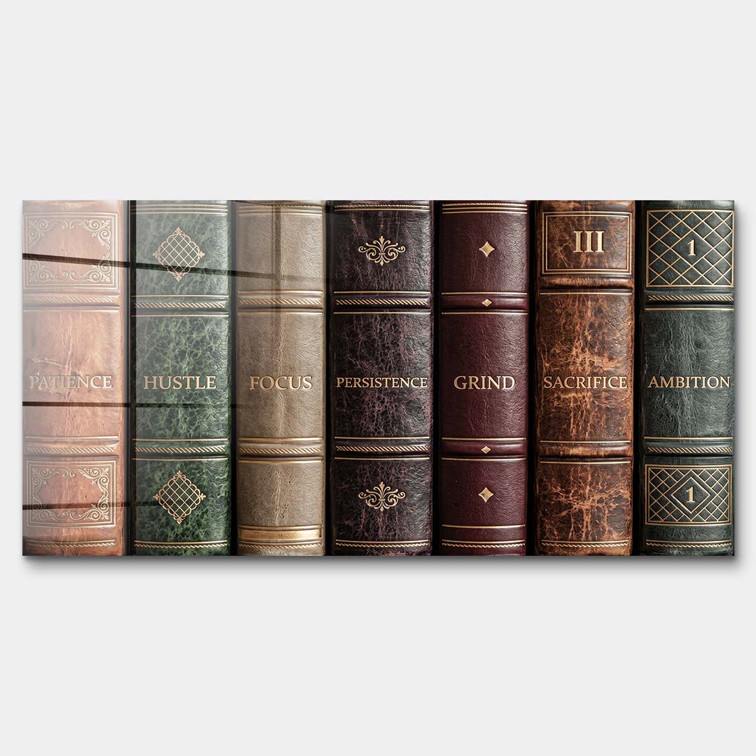 Motywacyjny obraz na szkle akrylowym Books Of Life przedstawiający grzbiety retro książek z hasłami sukcesu, elegancki wydruk galeryjny do biura.