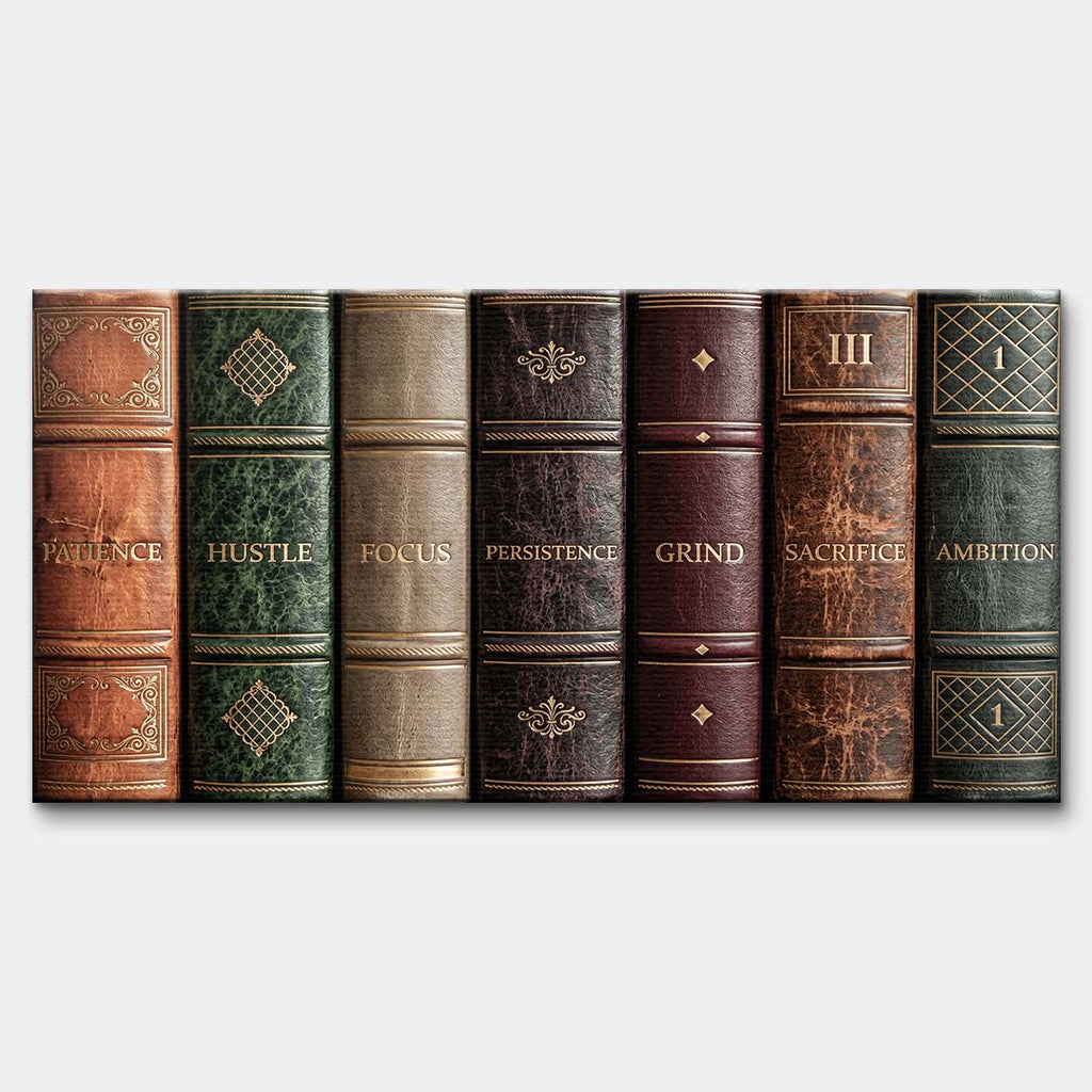 Motywacyjny obraz na płótnie Books Of Life przedstawiający grzbiety retro książek z hasłami sukcesu, elegancki wydruk galeryjny do biura.