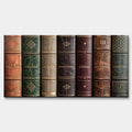 Motywacyjny obraz na płótnie Books Of Life przedstawiający grzbiety retro książek z hasłami sukcesu, elegancki wydruk galeryjny do biura.