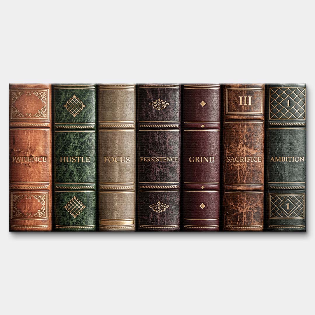 Motywacyjny obraz na płótnie Books Of Life przedstawiający grzbiety retro książek z hasłami sukcesu, elegancki wydruk galeryjny do biura.