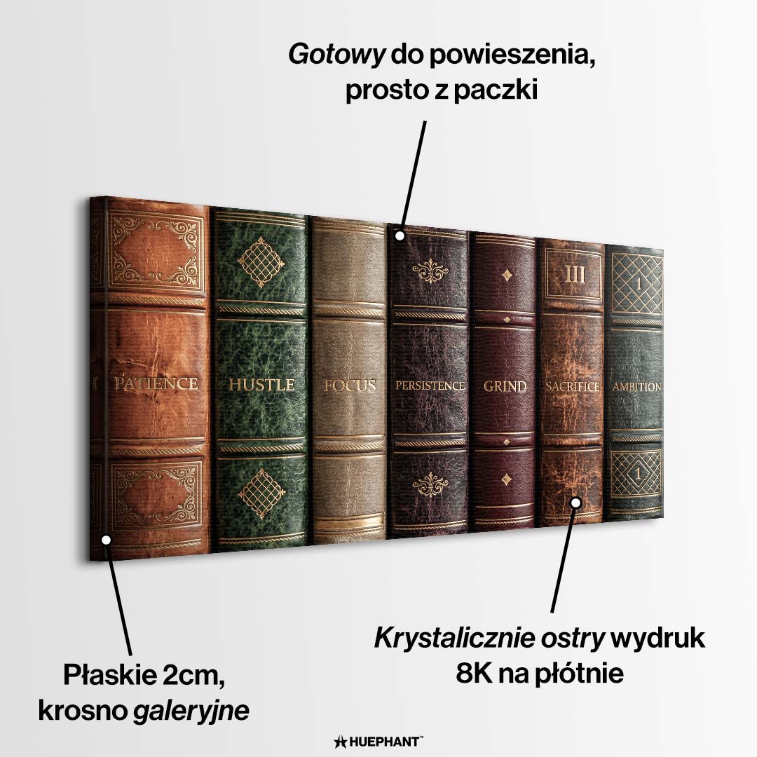 Motywacyjny obraz na płótnie Books Of Life przedstawiający grzbiety retro książek z hasłami sukcesu, elegancki wydruk galeryjny do biura.