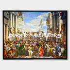 Obraz na płótnie „Born to Make History” – nowoczesna interpretacja klasycznego dzieła „Wesele w Kanie Galilejskiej” z dynamicznym napisem w stylu street art, łącząca historię ze współczesną inspiracją.