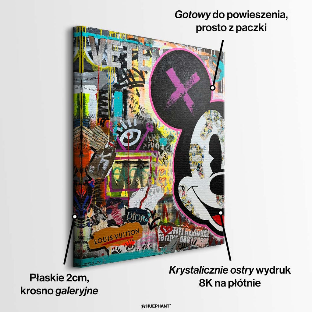 Obraz na płótnie w stylu street art przedstawiający postać  myszki na tle graffiti. Wydruk galeryjny, sztuka nowoczesna.