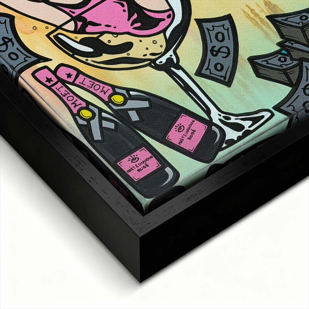 Obraz na płótnie pop art przedstawiający postać dziewczyny w kieliszku musującego napoju z banknotami. Wydruk galeryjny, sztuka nowoczesna.