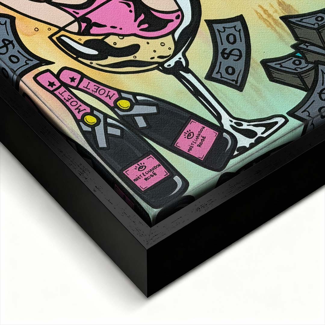 Obraz na płótnie pop art przedstawiający postać dziewczyny w kieliszku musującego napoju z banknotami. Wydruk galeryjny, sztuka nowoczesna.