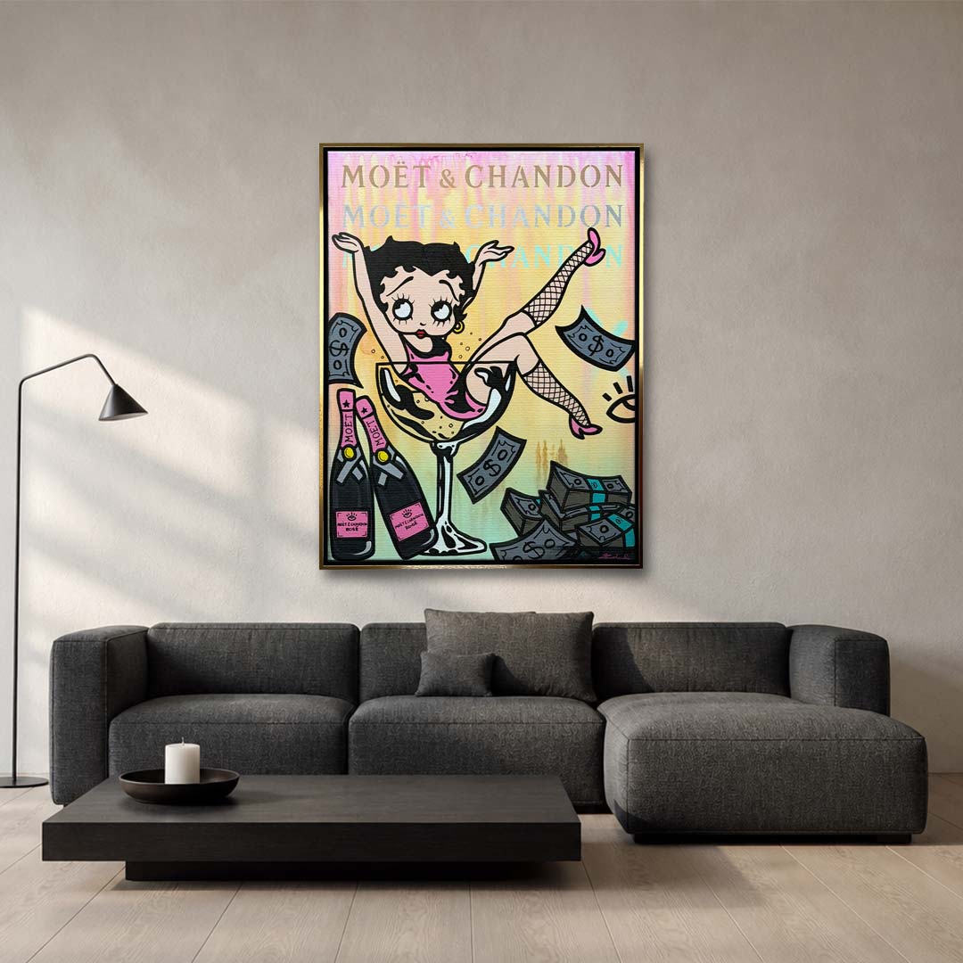 Obraz na płótnie pop art przedstawiający postać dziewczyny w kieliszku musującego napoju z banknotami. Wydruk galeryjny, sztuka nowoczesna.