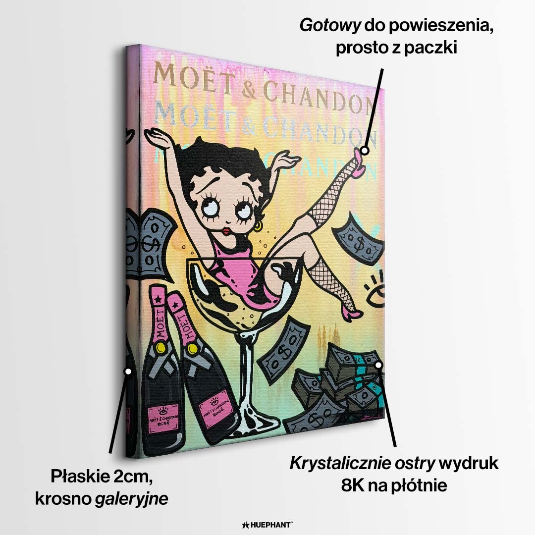 Obraz na płótnie pop art przedstawiający postać dziewczyny w kieliszku musującego napoju z banknotami. Wydruk galeryjny, sztuka nowoczesna.