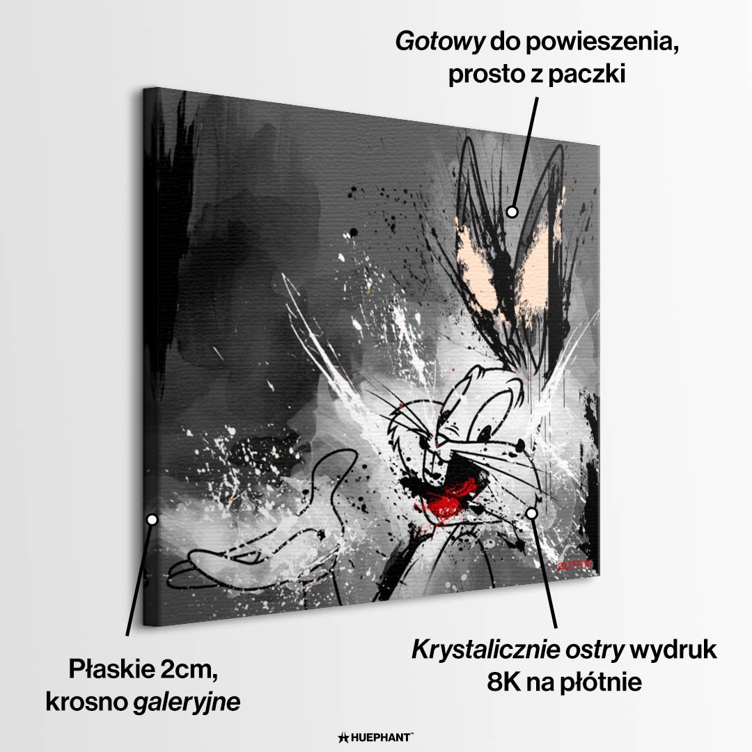 Obraz na płótnie w stylu street art przedstawiający królika Bugsa, czarno-biała kompozycja z czerwonym akcentem, wydruk galeryjny Huephant, sztuka nowoczesna.