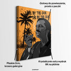 Obraz na płótnie przedstawiający mężczyznę zapalającego papierosa na tle palm i napisu By The Gun, wydruk galeryjny.