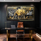 Obraz Złoty byk Wall Street na tle banknotu dolarowego z napisem Bulls Always Win, obraz na płótnie, wydruk galeryjny, sztuka nowoczesna dla inwestora.
