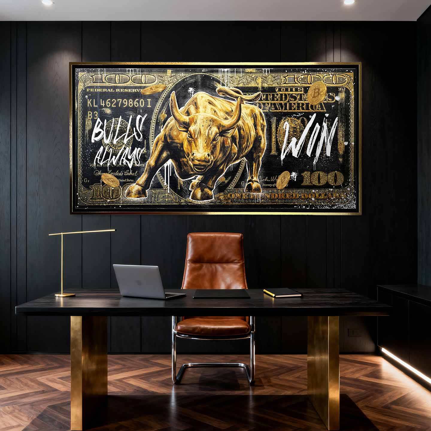 Obraz Złoty byk Wall Street na tle banknotu dolarowego z napisem Bulls Always Win, obraz na płótnie, wydruk galeryjny, sztuka nowoczesna dla inwestora.