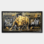 Obraz Złoty byk Wall Street na tle banknotu dolarowego z napisem Bulls Always Win, obraz na płótnie, wydruk galeryjny, sztuka nowoczesna dla inwestora.