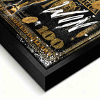 Obraz Złoty byk Wall Street na tle banknotu dolarowego z napisem Bulls Always Win, obraz na płótnie, wydruk galeryjny, sztuka nowoczesna dla inwestora.