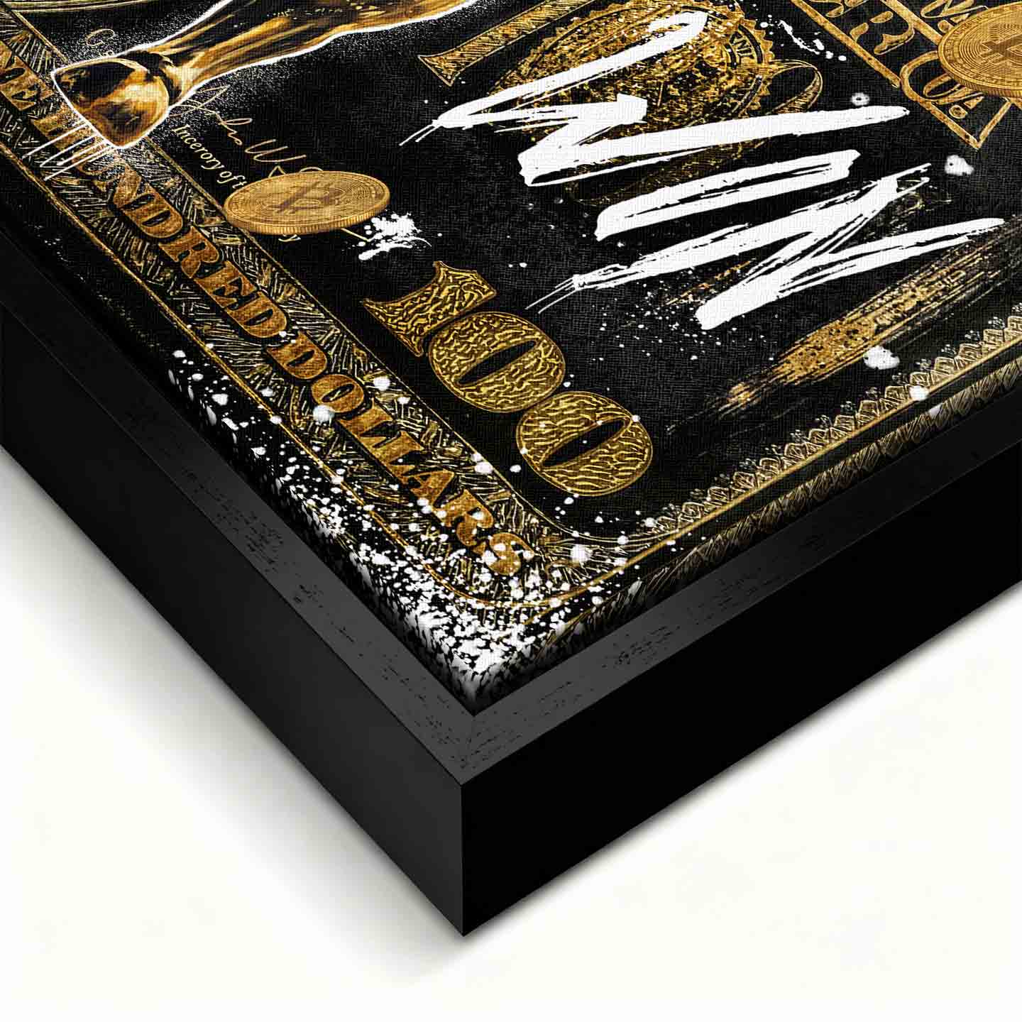 Obraz Złoty byk Wall Street na tle banknotu dolarowego z napisem Bulls Always Win, obraz na płótnie, wydruk galeryjny, sztuka nowoczesna dla inwestora.