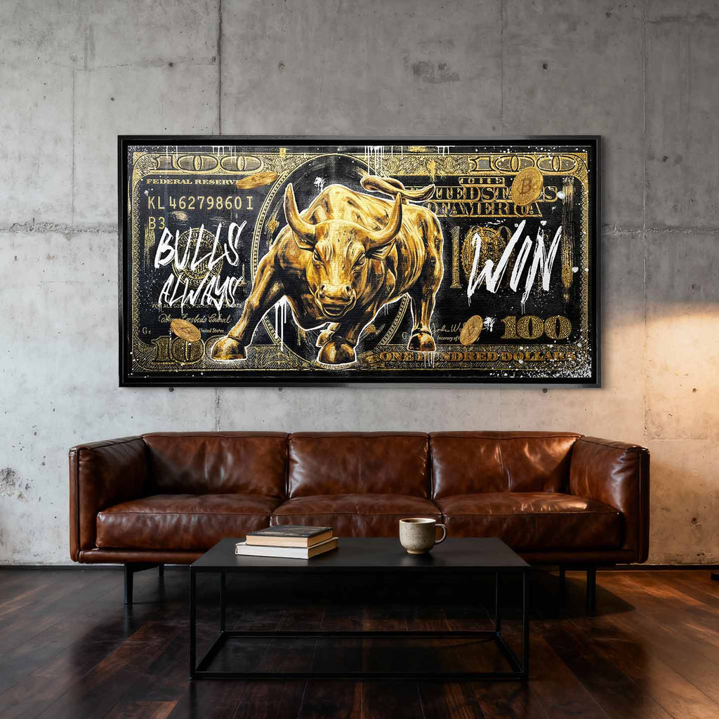 Obraz Złoty byk Wall Street na tle banknotu dolarowego z napisem Bulls Always Win, obraz na płótnie, wydruk galeryjny, sztuka nowoczesna dla inwestora.