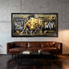 Obraz Złoty byk Wall Street na tle banknotu dolarowego z napisem Bulls Always Win, obraz na płótnie, wydruk galeryjny, sztuka nowoczesna dla inwestora.