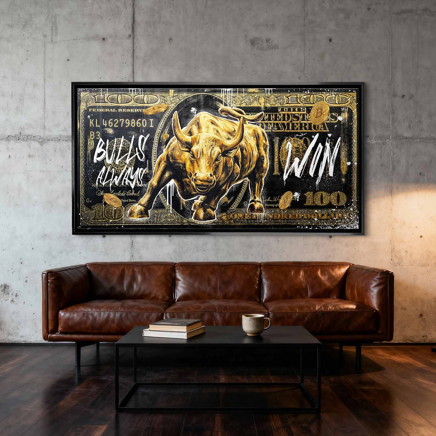 Obraz Złoty byk Wall Street na tle banknotu dolarowego z napisem Bulls Always Win, obraz na płótnie, wydruk galeryjny, sztuka nowoczesna dla inwestora.