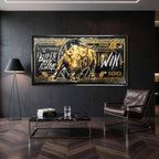 Obraz Złoty byk Wall Street na tle banknotu dolarowego z napisem Bulls Always Win, obraz na płótnie, wydruk galeryjny, sztuka nowoczesna dla inwestora.