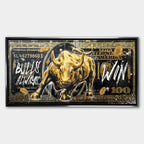 Obraz Złoty byk Wall Street na tle banknotu dolarowego z napisem Bulls Always Win, obraz na płótnie, wydruk galeryjny, sztuka nowoczesna dla inwestora.