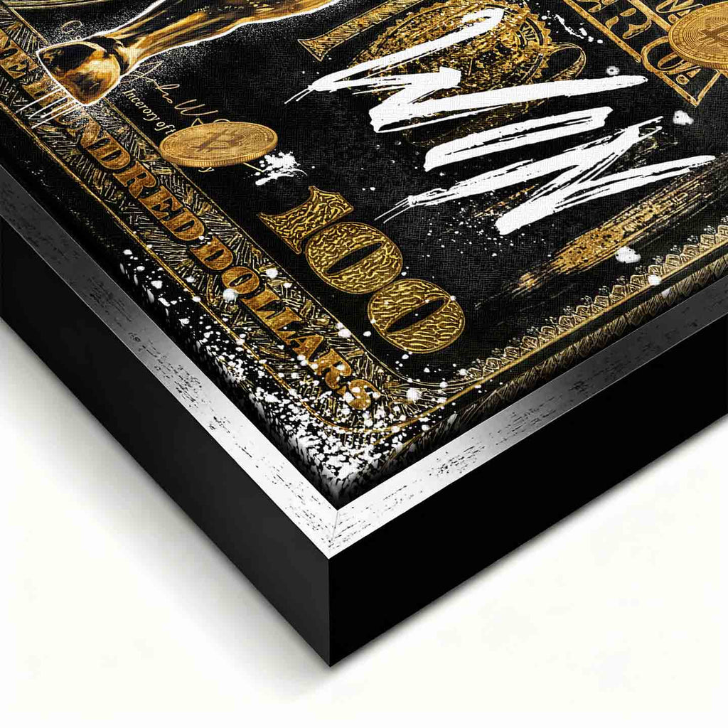 Obraz Złoty byk Wall Street na tle banknotu dolarowego z napisem Bulls Always Win, obraz na płótnie, wydruk galeryjny, sztuka nowoczesna dla inwestora.