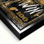 Obraz Złoty byk Wall Street na tle banknotu dolarowego z napisem Bulls Always Win, obraz na płótnie, wydruk galeryjny, sztuka nowoczesna dla inwestora.