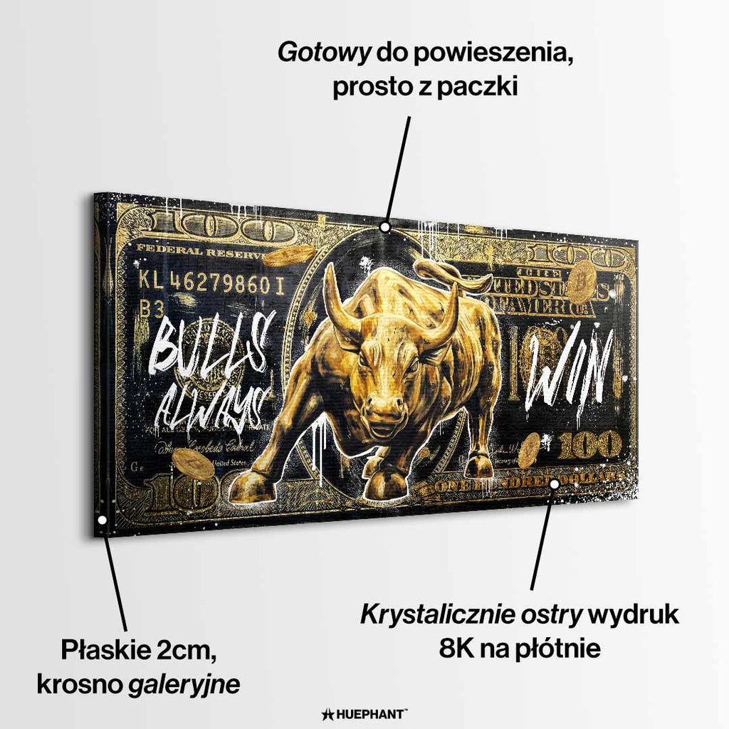Obraz Złoty byk Wall Street na tle banknotu dolarowego z napisem Bulls Always Win, obraz na płótnie, wydruk galeryjny, sztuka nowoczesna dla inwestora.