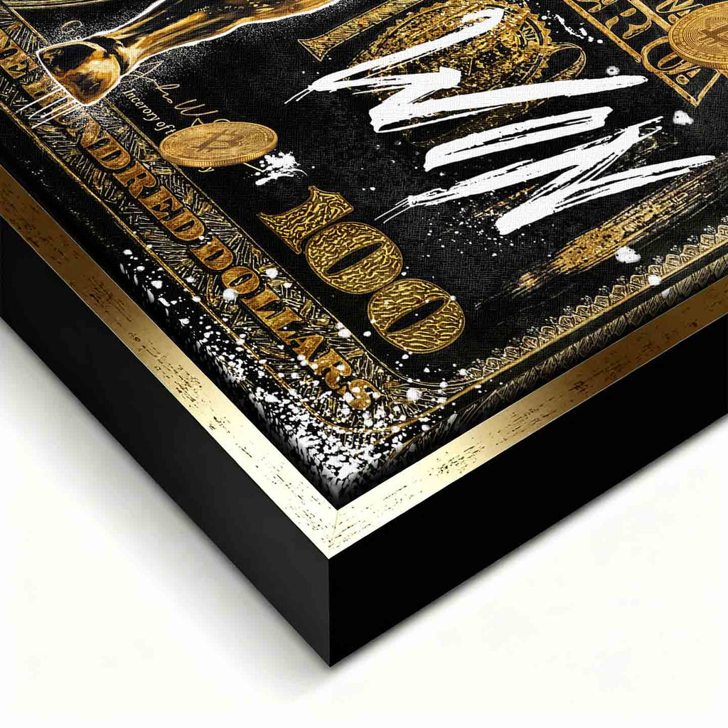 Obraz Złoty byk Wall Street na tle banknotu dolarowego z napisem Bulls Always Win, obraz na płótnie, wydruk galeryjny, sztuka nowoczesna dla inwestora.