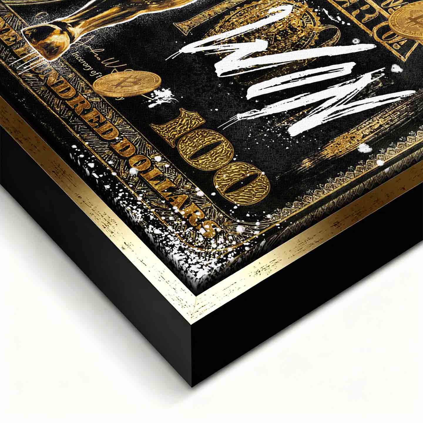 Obraz Złoty byk Wall Street na tle banknotu dolarowego z napisem Bulls Always Win, obraz na płótnie, wydruk galeryjny, sztuka nowoczesna dla inwestora.