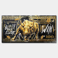 Obraz Złoty byk Wall Street na tle banknotu dolarowego z napisem Bulls Always Win, obraz na płótnie, wydruk galeryjny, sztuka nowoczesna dla inwestora.