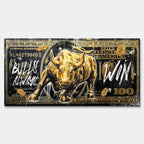 Obraz Złoty byk Wall Street na tle banknotu dolarowego z napisem Bulls Always Win, obraz na płótnie, wydruk galeryjny, sztuka nowoczesna dla inwestora.