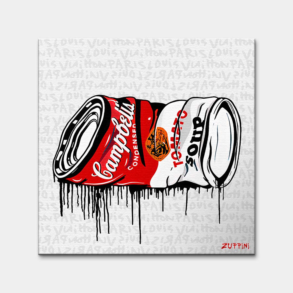 Obraz na płótnie Crushed Campbell's. Nowoczesna sztuka i wydruk galeryjny pop-art przedstawiający zgniecioną puszkę z kapiącą farbą na luksusowym tle.
