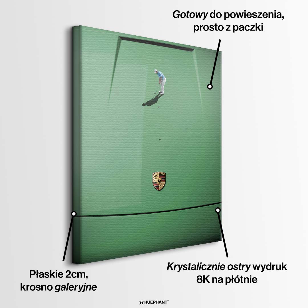 Nowoczesny obraz na płótnie car-golf-green przedstawiający postać golfisty na zielonej masce luksusowego samochodu sportowego, wydruk galeryjny.