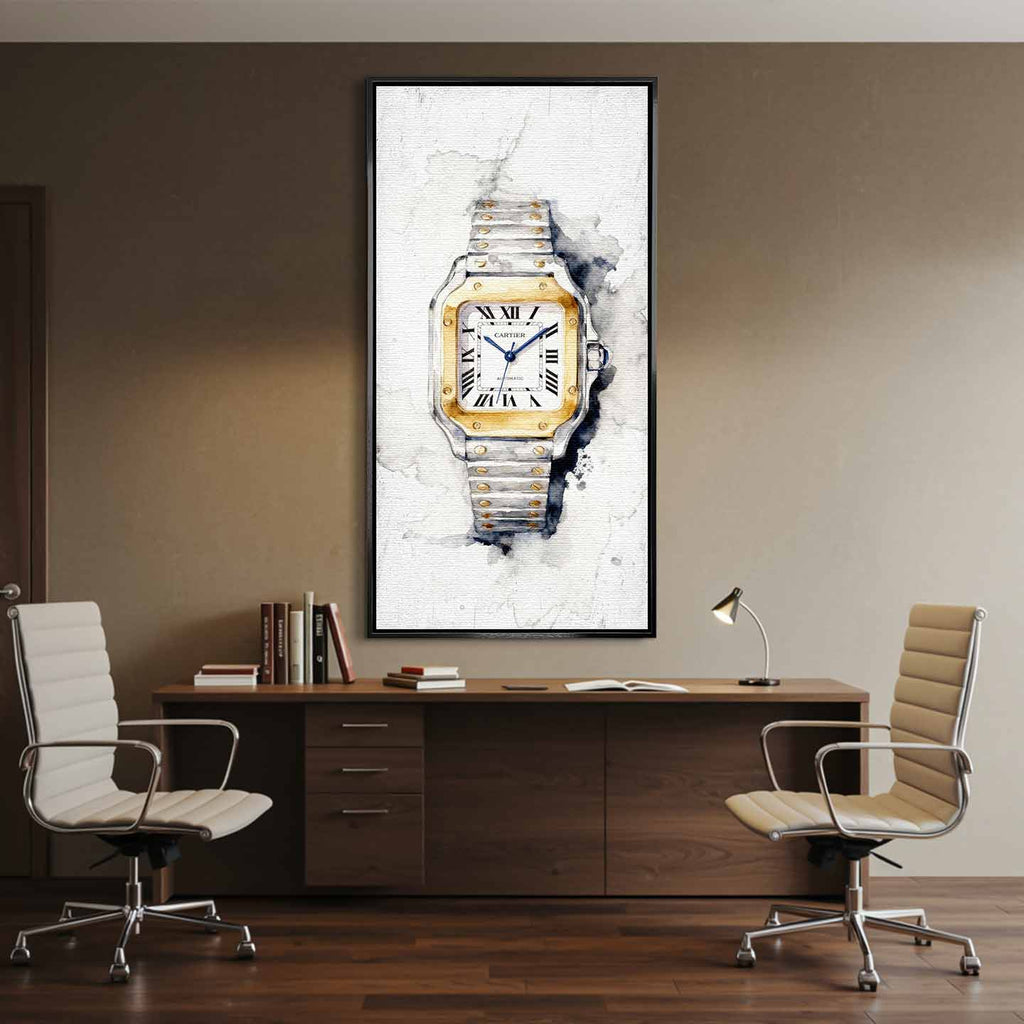 Obraz na płótnie Cartier Santos – akwarelowy zegarek z dwukolorową bransoletą, elegancka luksusowa dekoracja ścienna Huephant.