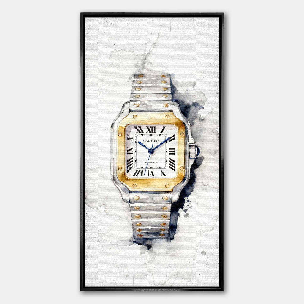 Obraz na płótnie Cartier Santos – akwarelowy zegarek z dwukolorową bransoletą, elegancka luksusowa dekoracja ścienna Huephant.