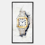 Obraz na płótnie Cartier Santos – akwarelowy zegarek z dwukolorową bransoletą, elegancka luksusowa dekoracja ścienna Huephant.