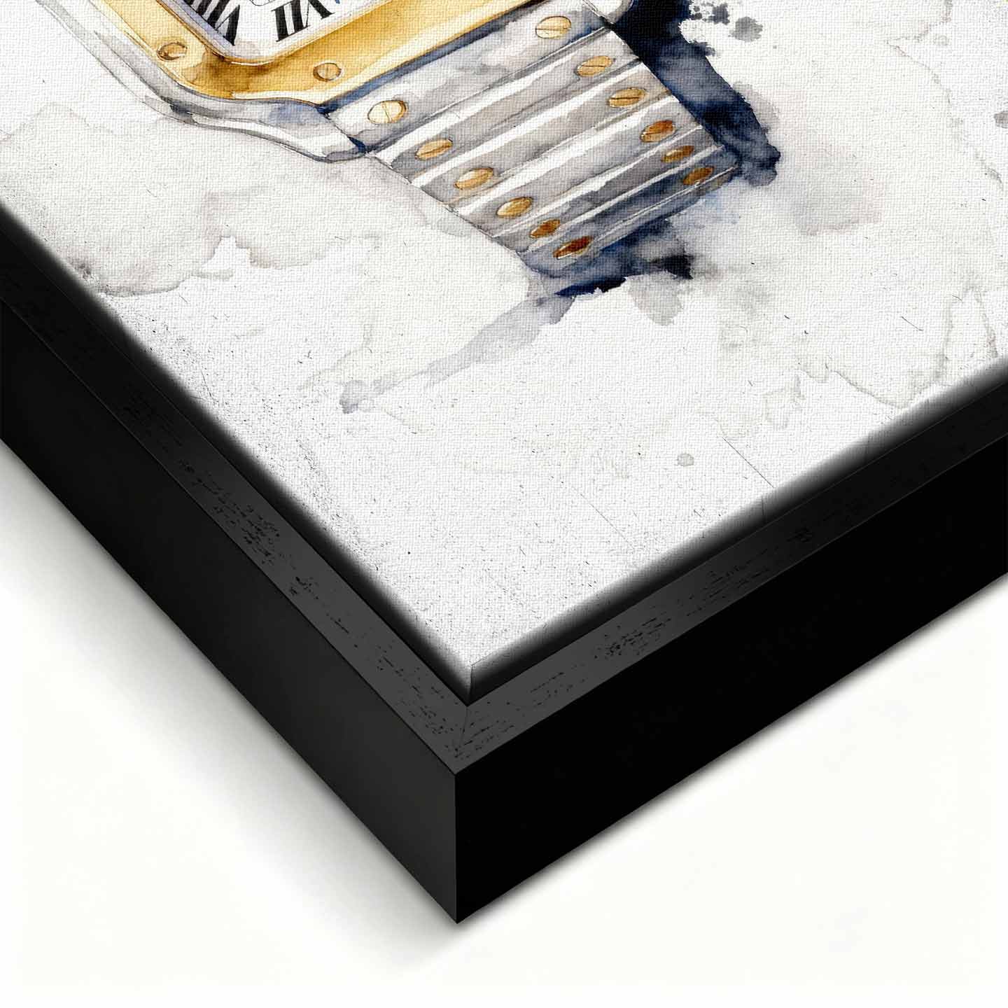 Obraz na płótnie Cartier Santos – akwarelowy zegarek z dwukolorową bransoletą, elegancka luksusowa dekoracja ścienna Huephant.