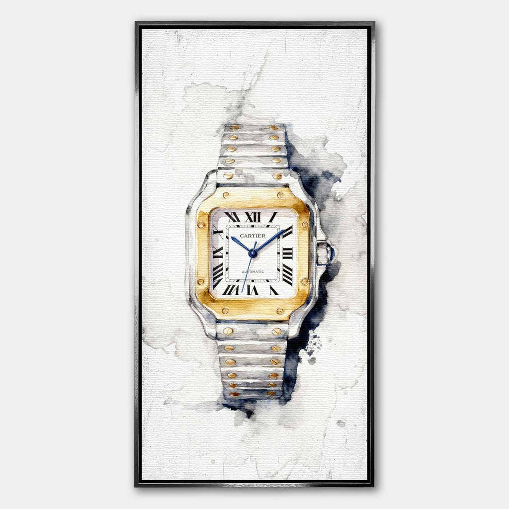 Obraz na płótnie Cartier Santos – akwarelowy zegarek z dwukolorową bransoletą, elegancka luksusowa dekoracja ścienna Huephant.