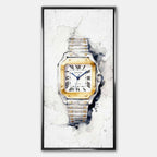 Obraz na płótnie Cartier Santos – akwarelowy zegarek z dwukolorową bransoletą, elegancka luksusowa dekoracja ścienna Huephant.