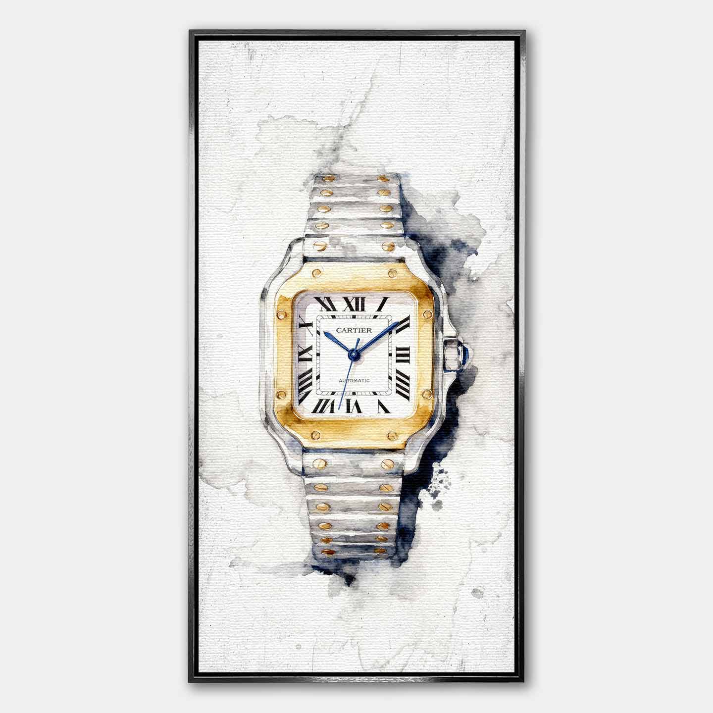Obraz na płótnie Cartier Santos – akwarelowy zegarek z dwukolorową bransoletą, elegancka luksusowa dekoracja ścienna Huephant.