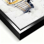 Obraz na płótnie Cartier Santos – akwarelowy zegarek z dwukolorową bransoletą, elegancka luksusowa dekoracja ścienna Huephant.