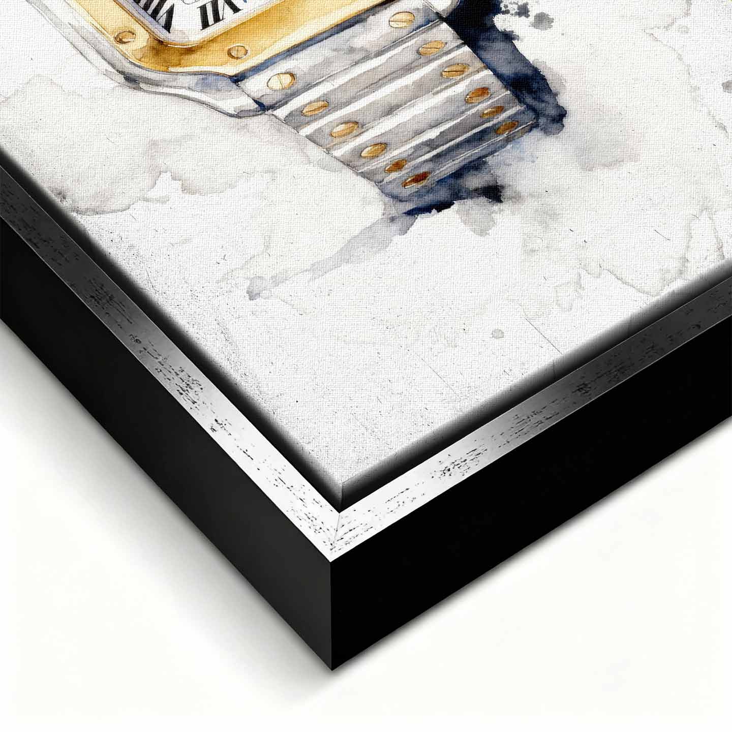 Obraz na płótnie Cartier Santos – akwarelowy zegarek z dwukolorową bransoletą, elegancka luksusowa dekoracja ścienna Huephant.