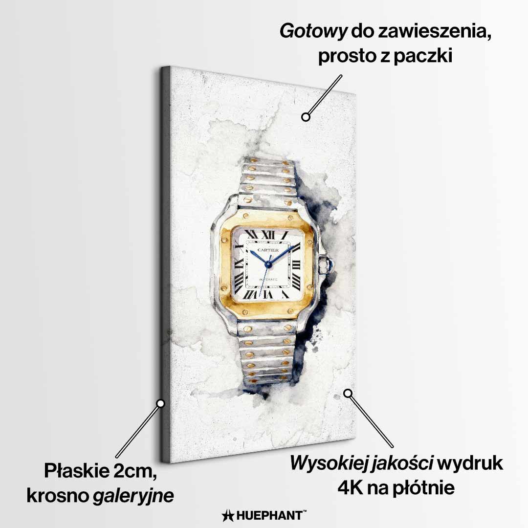 Obraz na płótnie Cartier Santos – akwarelowy zegarek z dwukolorową bransoletą, elegancka luksusowa dekoracja ścienna Huephant.