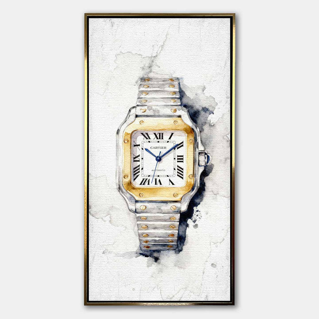 Obraz na płótnie Cartier Santos – akwarelowy zegarek z dwukolorową bransoletą, elegancka luksusowa dekoracja ścienna Huephant.