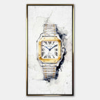 Obraz na płótnie Cartier Santos – akwarelowy zegarek z dwukolorową bransoletą, elegancka luksusowa dekoracja ścienna Huephant.