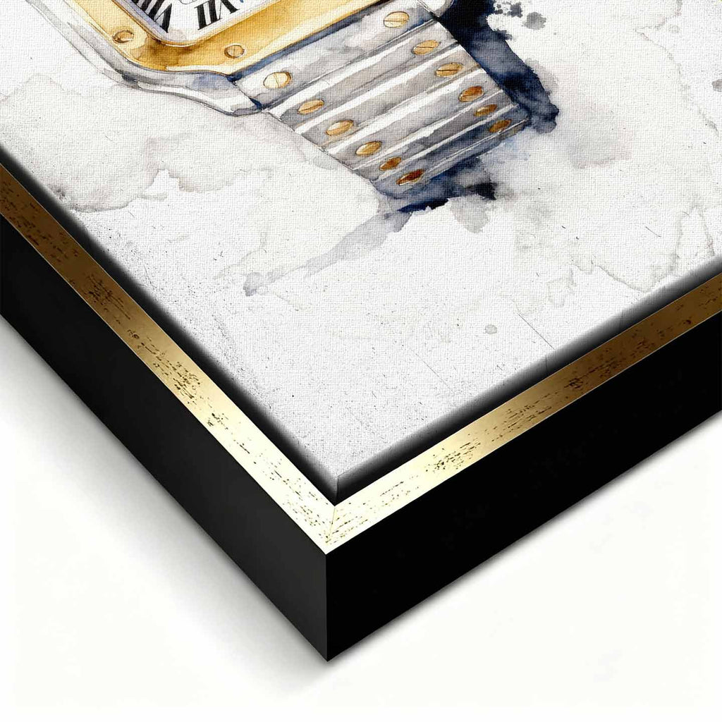 Obraz na płótnie Cartier Santos – akwarelowy zegarek z dwukolorową bransoletą, elegancka luksusowa dekoracja ścienna Huephant.