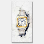Obraz na płótnie Cartier Santos – akwarelowy zegarek z dwukolorową bransoletą, elegancka luksusowa dekoracja ścienna Huephant.