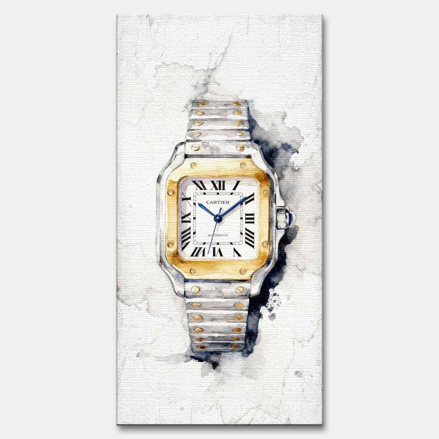 Obraz na płótnie Cartier Santos – akwarelowy zegarek z dwukolorową bransoletą, elegancka luksusowa dekoracja ścienna Huephant.