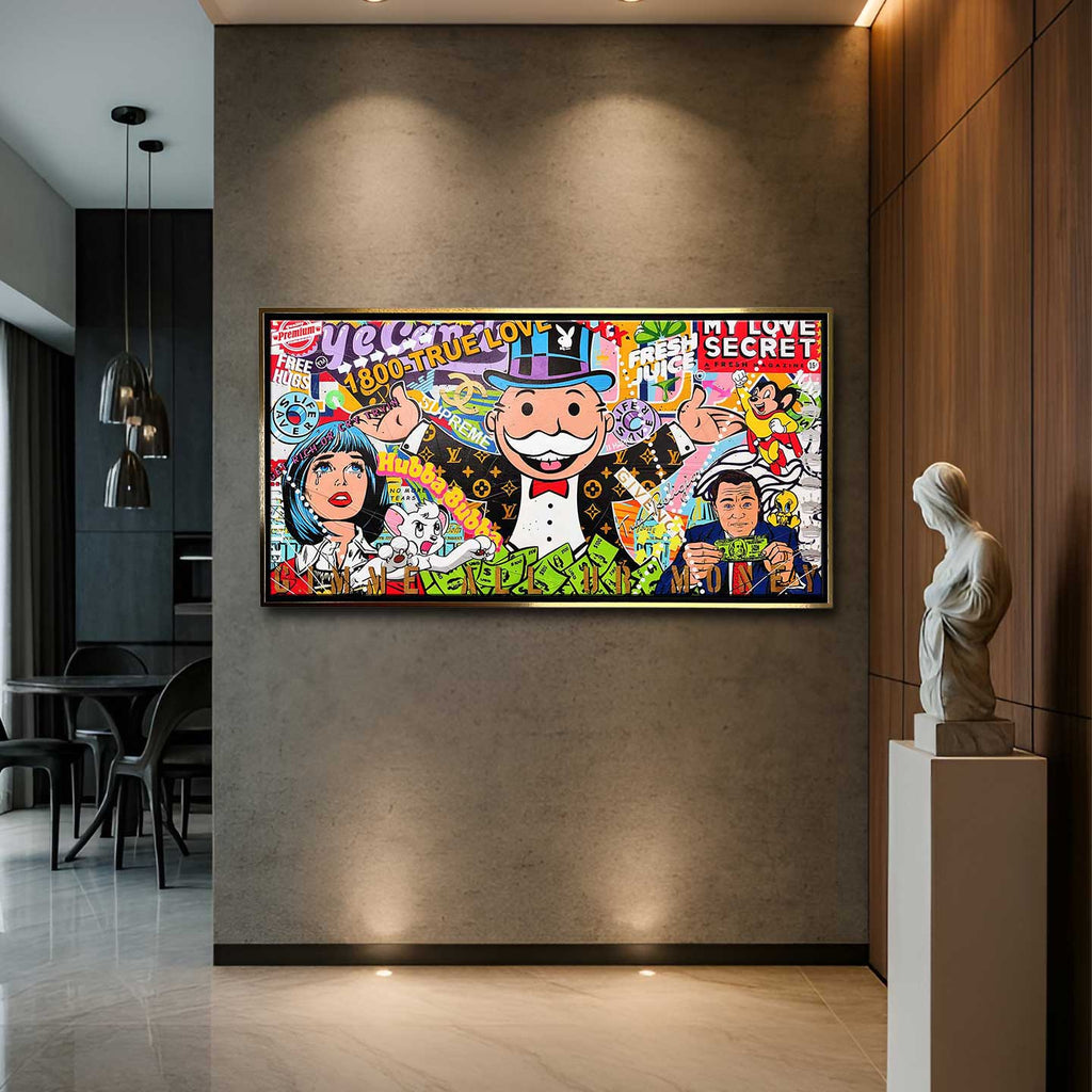Obraz na płótnie „Cash Carnival” z Monopoly Manem, Wilkiem z Wall Street, ikonami popkultury i motywem bogactwa w kolorowej, graffiti artystycznej kompozycji.