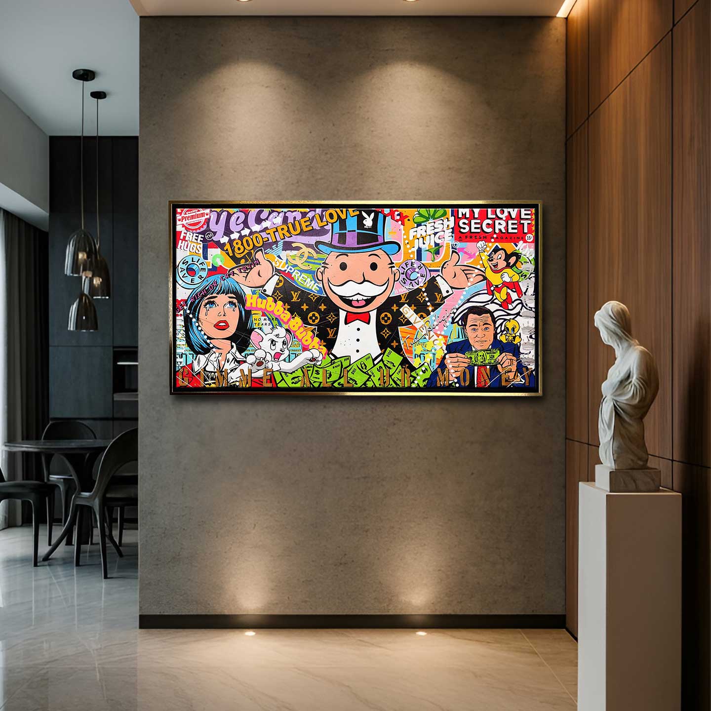 Obraz na płótnie „Cash Carnival” z Monopoly Manem, Wilkiem z Wall Street, ikonami popkultury i motywem bogactwa w kolorowej, graffiti artystycznej kompozycji.